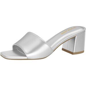 🆕Women's Silver Pu Square Open Toe Heels Sandals Low Block Chunky Heeled Sandal